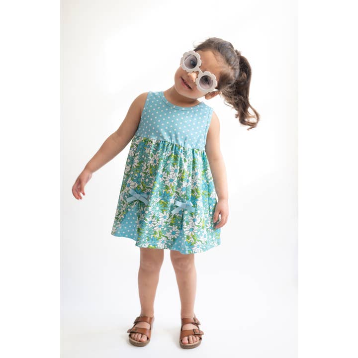 Blue Flower & Polka Dot Summer Dress for Baby Toddler Girls for wholesale by Strawberry Jam Kids