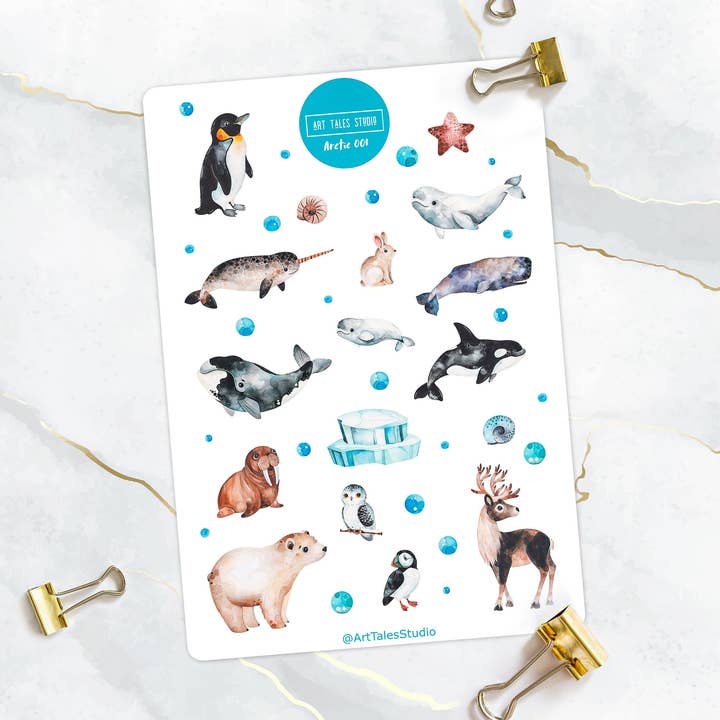 Arctische stickers, stickervel, winterstickers, planner stickers, bullet journal stickers, walvisstickers, pinguïnstickers, dieren voor wholesale door Art Tales Studio