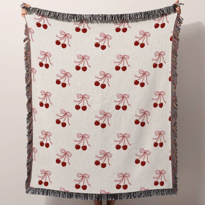 Coquette Cherry Bows - Cotton Woven Throw Blanket for wholesale by PunchyStuff Studio
