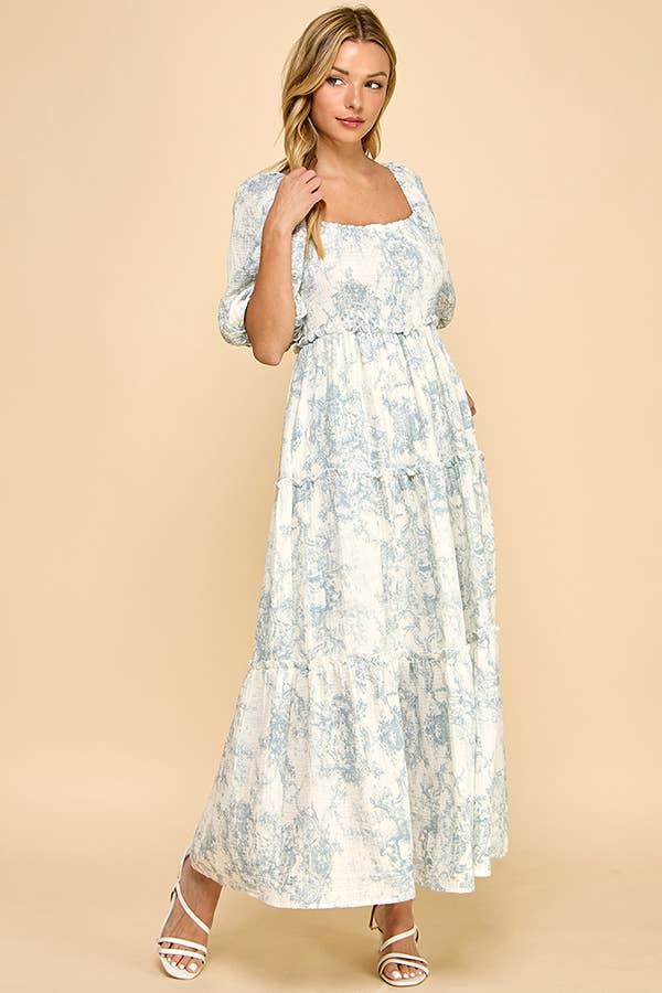 Million Colors - Vendita all'ingrosso Vestito - Donna - Vestito lungo a balze con stampa vintage blu Hattie Puff.3