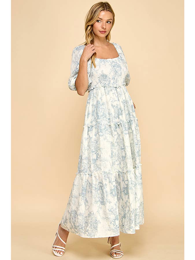 Million Colors - Vendita all'ingrosso Vestito - Donna - Vestito lungo a balze con stampa vintage blu Hattie Puff.3