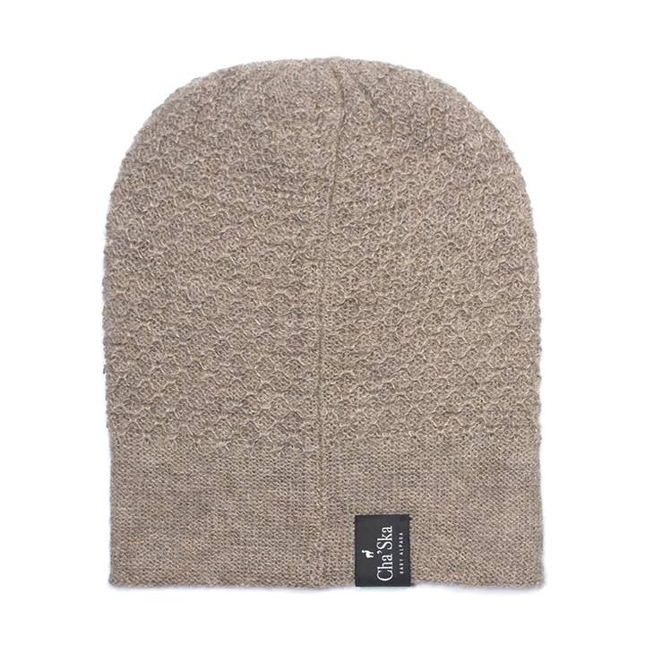 Bijenkorf Beanie Zand Beige in baby alpaca voor wholesale door Cha'Ska baby Alpaga