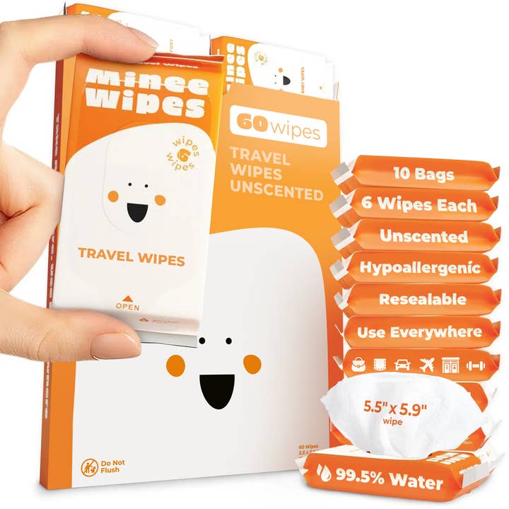Minee Travel Wipes - 99.5% Water - 10 Pack Total 60 for wholesale by Minee Wipes