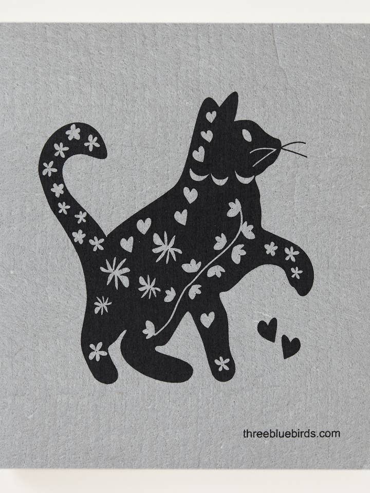 Cool Cat on Grey Swedish Dishcloth for wholesale by Three Bluebirds Swedish Dishcloths