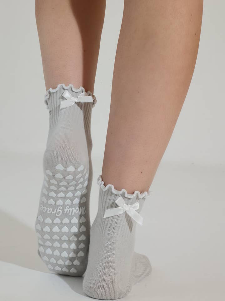 Bow ruffle grip sock in stone grey for wholesale by MollyGraceGripSocks
