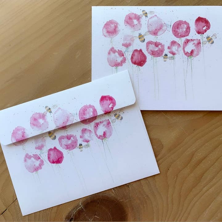 Tarjeta de felicitación «Peonías y abejas» para venta al por mayor de Elle Bee Art Studio