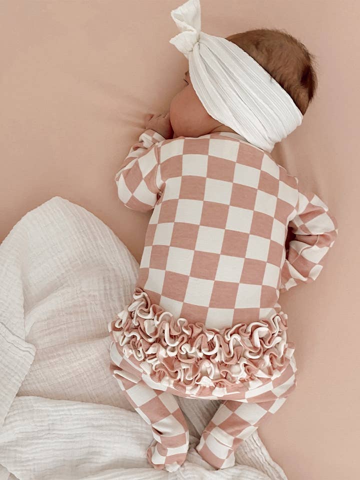 SIIX Collection - Wholesale Bodysuit (Footed) - Baby - Strawberry Shortcake Checkerboard / Organic Frill Zip Footie