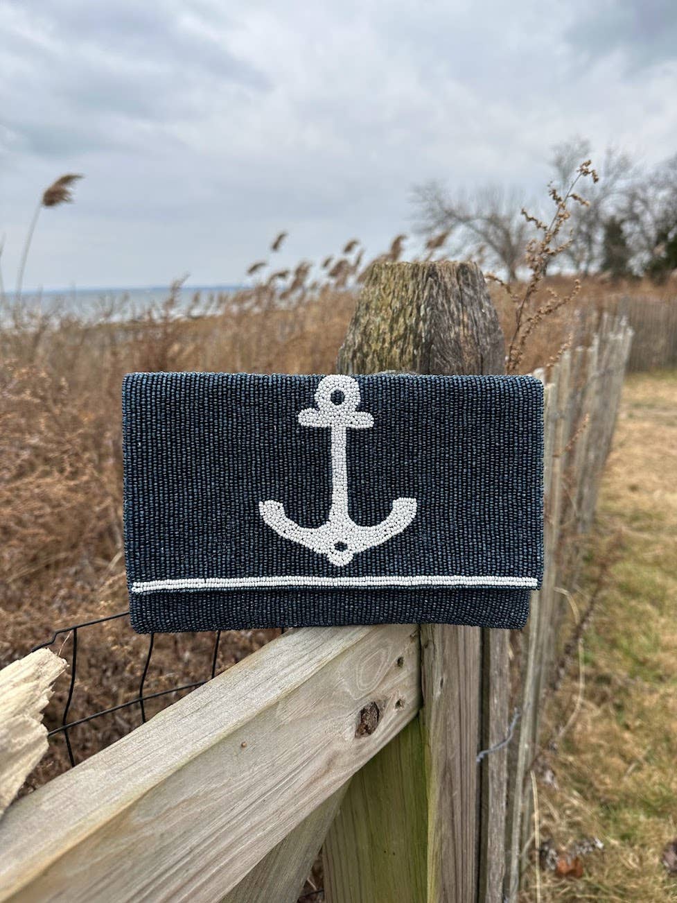 NAVY JANE - Wholesale Clutch Bag - Women's - Harbor Beaded Clutch Navy With White Anchor