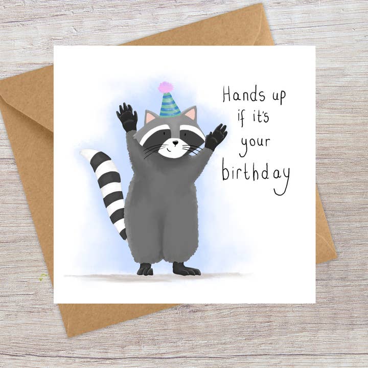 Cute Racoon - Birthday card for wholesale by Lucy Driver Illustration