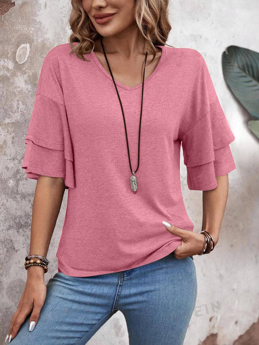 Suhkasana - Wholesale Blouse - Women's - Women's V-Neck Flutter Sleeve Top – Casual Summer T-Shirt19