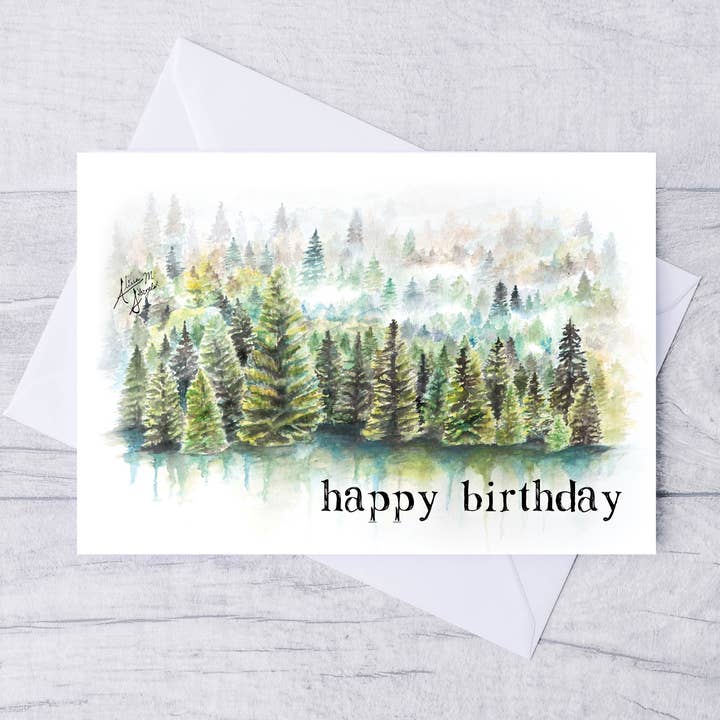 Pine Evergreen Forest Watercolor Happy Birthday Folded Card for wholesale by Art Reflects Light