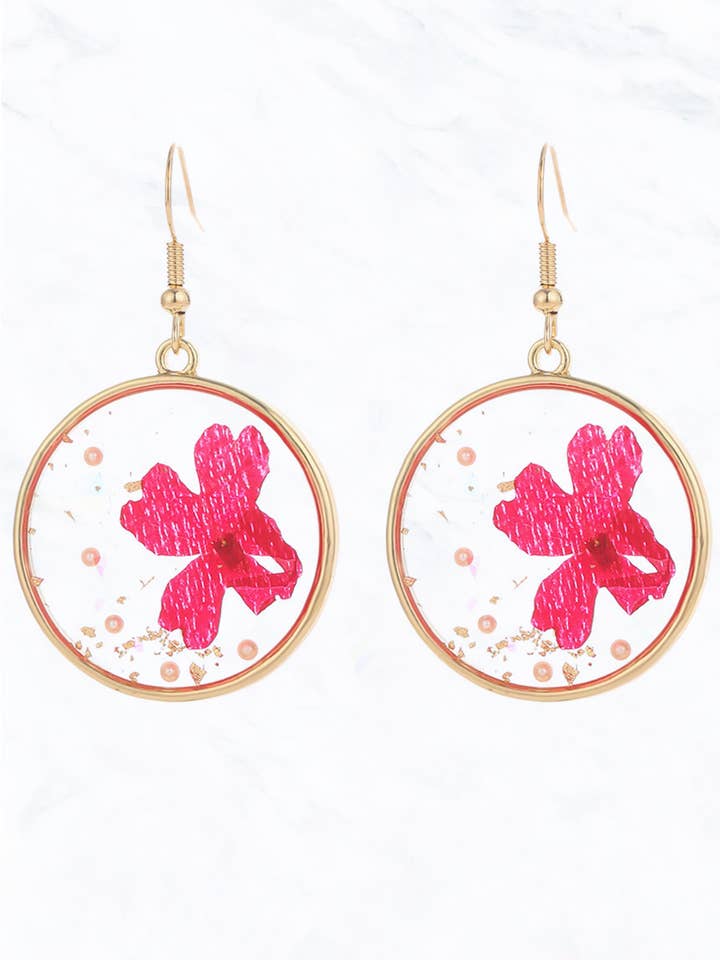 Dried Red Flower Circle Dangle Earrings for wholesale by Suzie Q USA