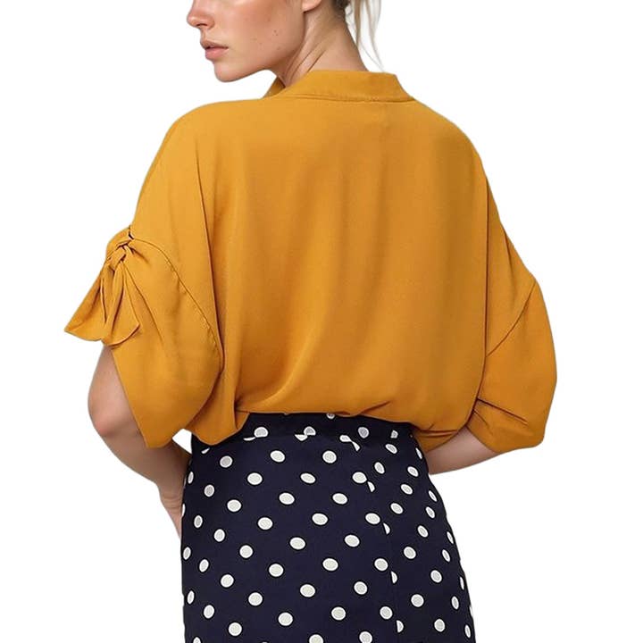 Robin K - Wholesale Blouse - Women's - Pleione Round Neck Self-tie Short Sleeve Top6