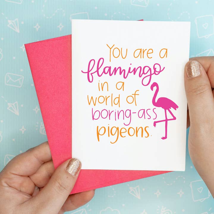 Flamingo Funny Recycled Greeting Card for wholesale by Colette Paperie