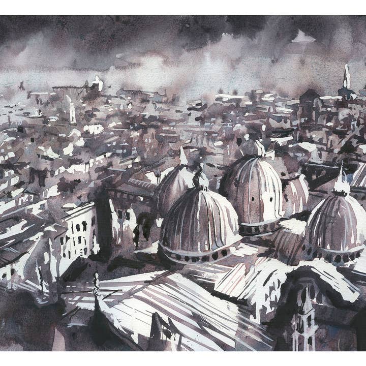 Venedig, Italien luftfoto fra Markuspladsen - Venedig kunstværk monokromatisk kunstværk skyline Venedig Italien home decor landskabsmaleri for engroshandel hos Ryan Fox Fine Art