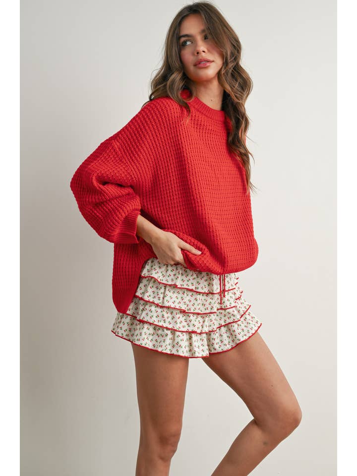 IVORY RED Cherry Print Layered Ruffled Tie-Front Mini Skort - BMP7832 for wholesale on Faire