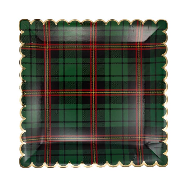 PLD1241 - Green Christmas Plaid Square Scalloped Plate for wholesale by My Mind’s Eye