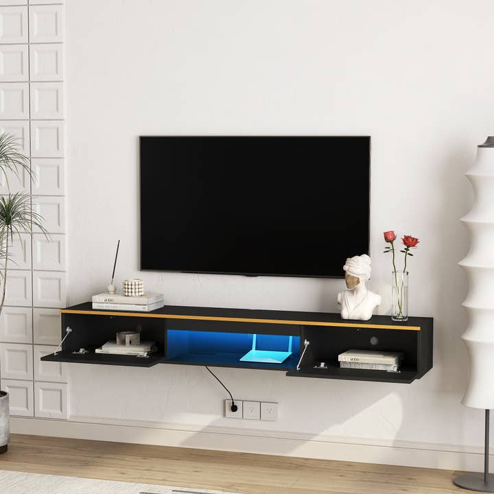 39F Inc. - Wholesale Console Table - 67" Floating TV Stand, 16 Color LEDs, Wall Mounted, Black26