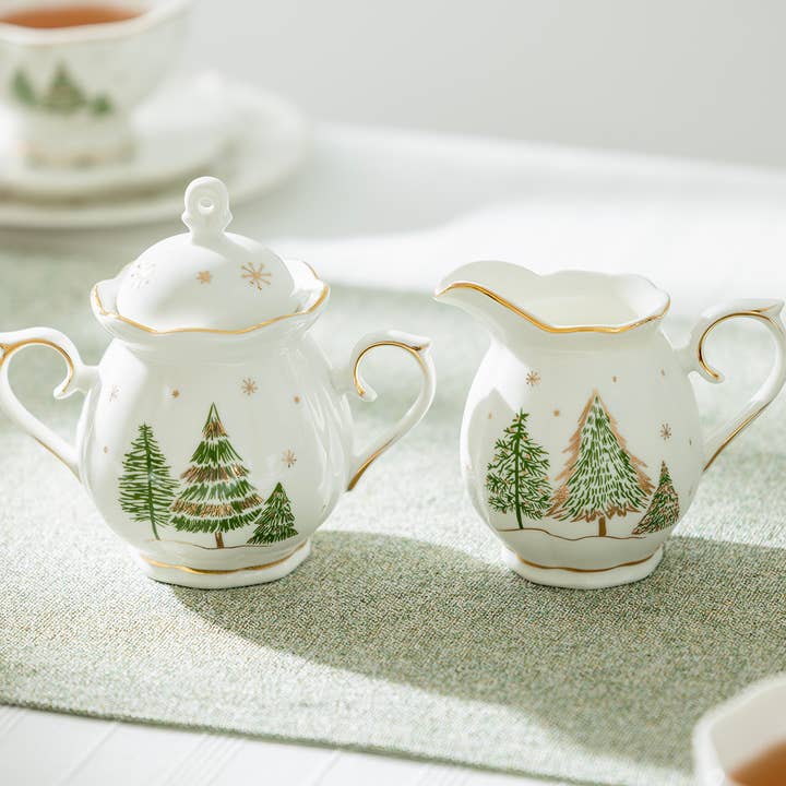 Grace Teaware - Wholesale Tea Set - Christmas Pine Trees Fine Porcelain Sugar and Creamer Set