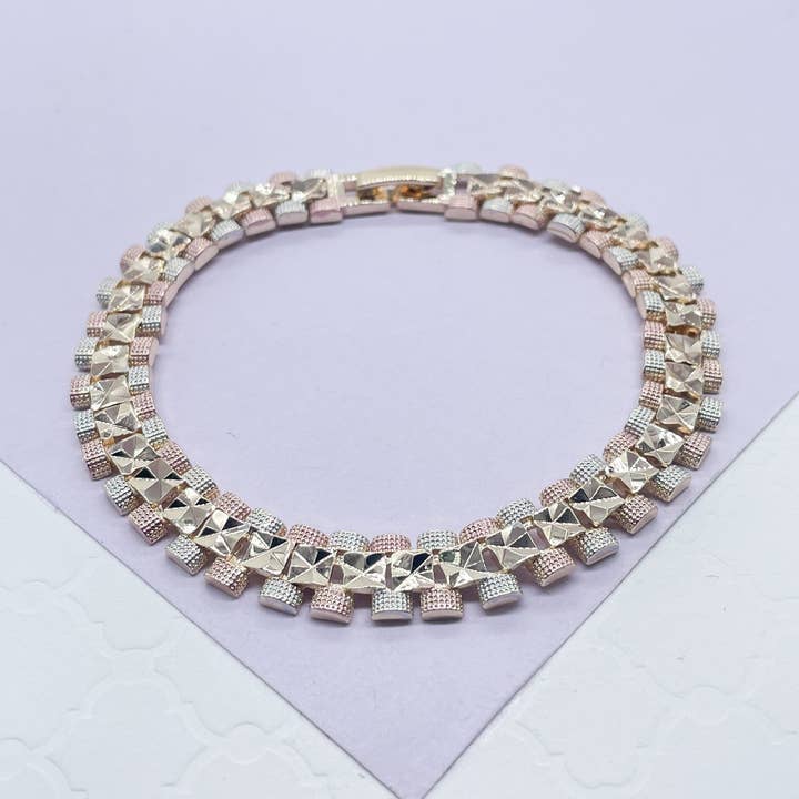 Testo modellato a taglio diamante quadrato tricolore 18k GF per la vendita all'ingrosso da parte di Milie