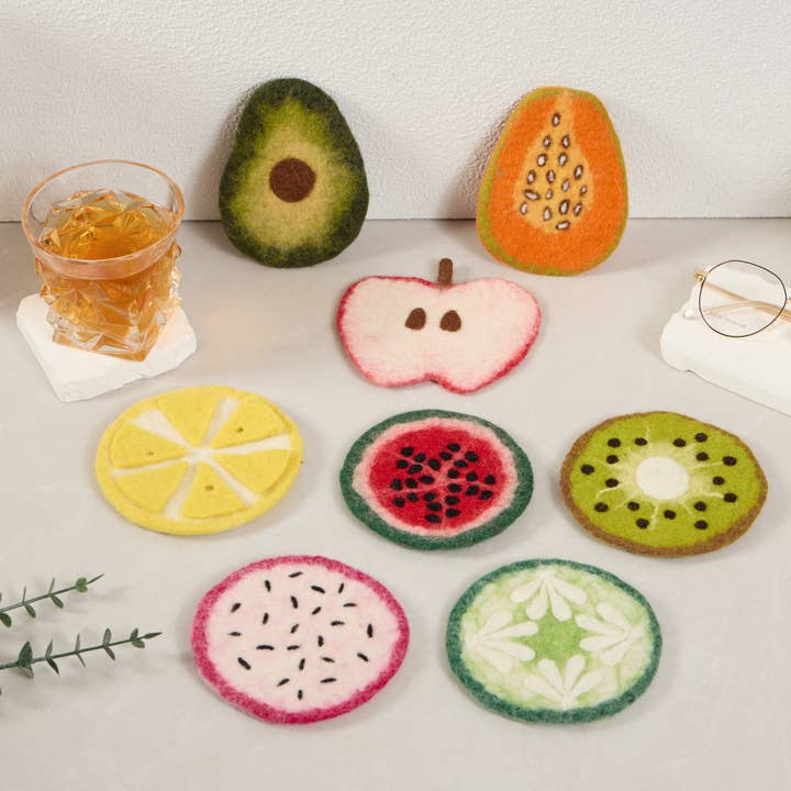 Sparkle Being - Wholesale Coasters - Handcrafted Wool Felt Fruits Coasters - Avocado, Apple, Kiwi