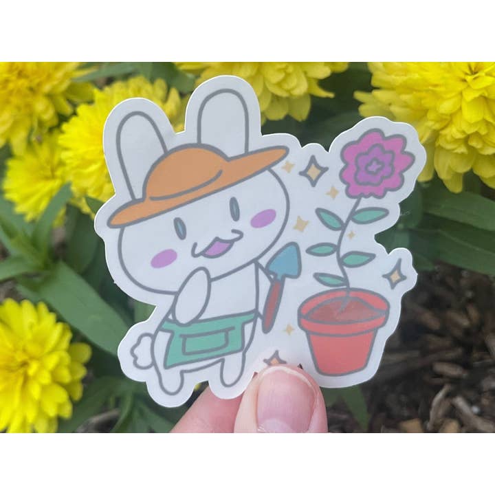 Flower Gardener Bunny Vinyl Sticker for wholesale by Courtney Elizabeth Studio
