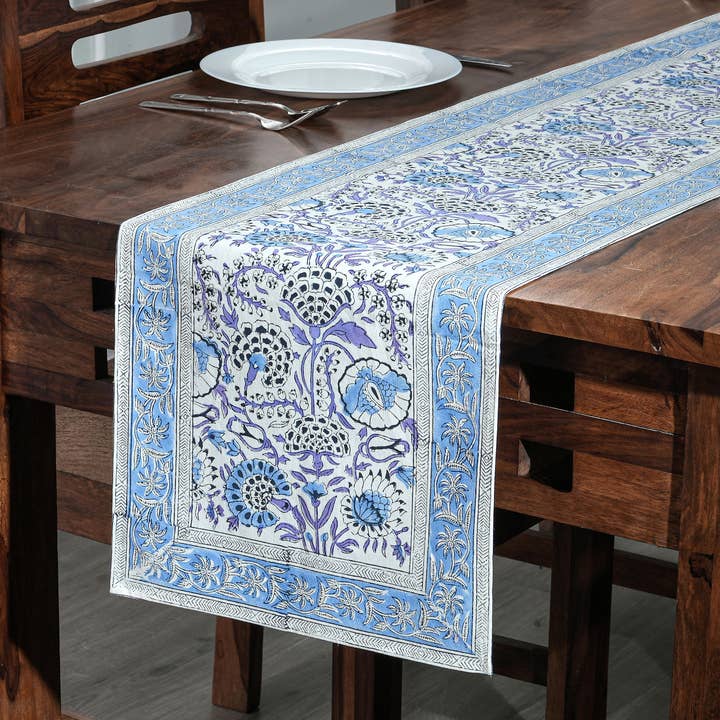 Cotton Print Club - Wholesale Table Runner - Aqua Blue Block Print Table Runner