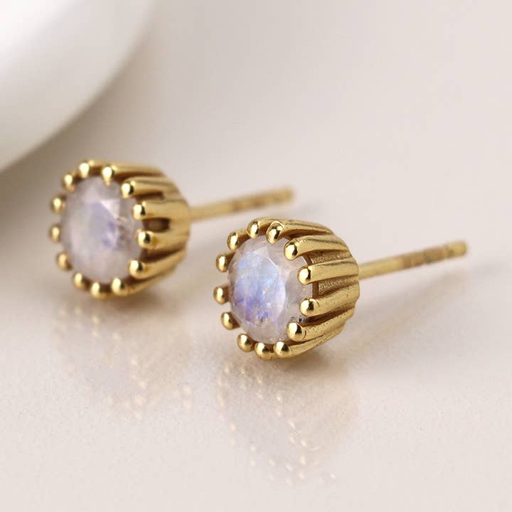 Luxuriöse vergoldete Regenbogen-Mondstein-Ohrringe für den Großhandel von Peace Of Mind