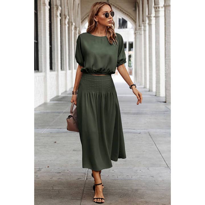 Elings - Wholesale Top & Skirt Set - Women's - Two Pieces Solid Color Loose Puff Sleeve Pleated Sets4