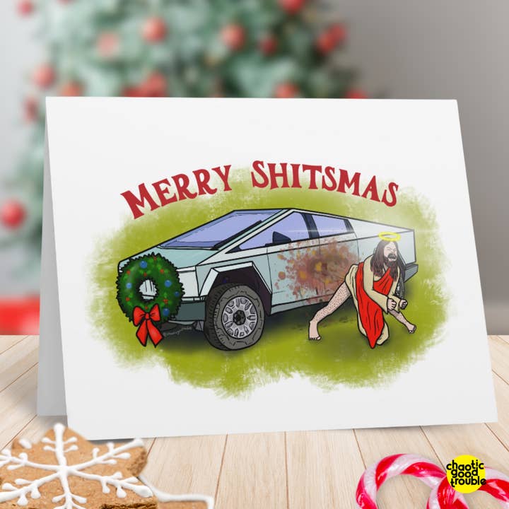 Merry Shitsmas card - Jesus pooping on a Cybertruck for wholesale by Chaos Engine (formerly Eyedot Creative)