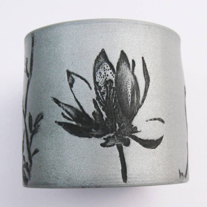Tea House Designs - Wholesale Cuff Bracelet - Silver Cuff Bracelet, Black Asian Magnolia Design, Handmade0