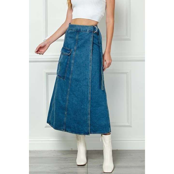 Belted Waist Cargo Denim Wrap Kjol för wholesale av Veveret
