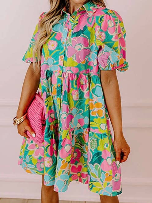 Puff Sleeve Collar Buttoned Babydoll Dress for wholesale by Crossed Arrows Clothing Wholesale co.