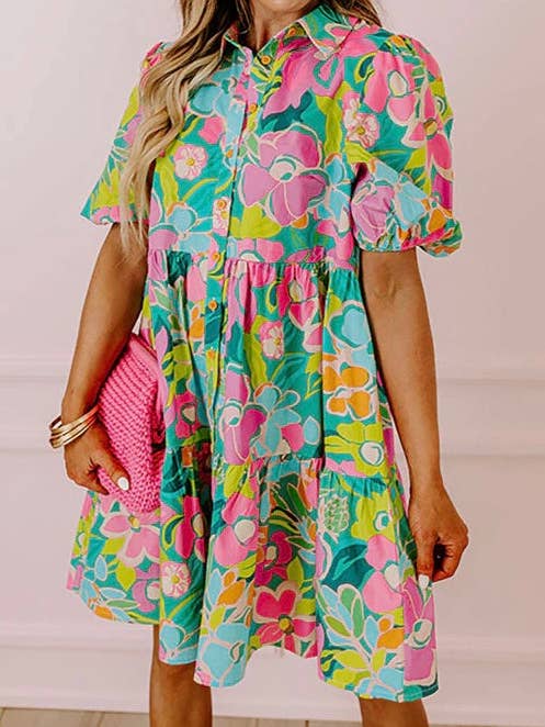 Crossed Arrows Clothing Wholesale co. - Wholesale Dress - Women's - Puff Sleeve Collar Buttoned Babydoll Dress
