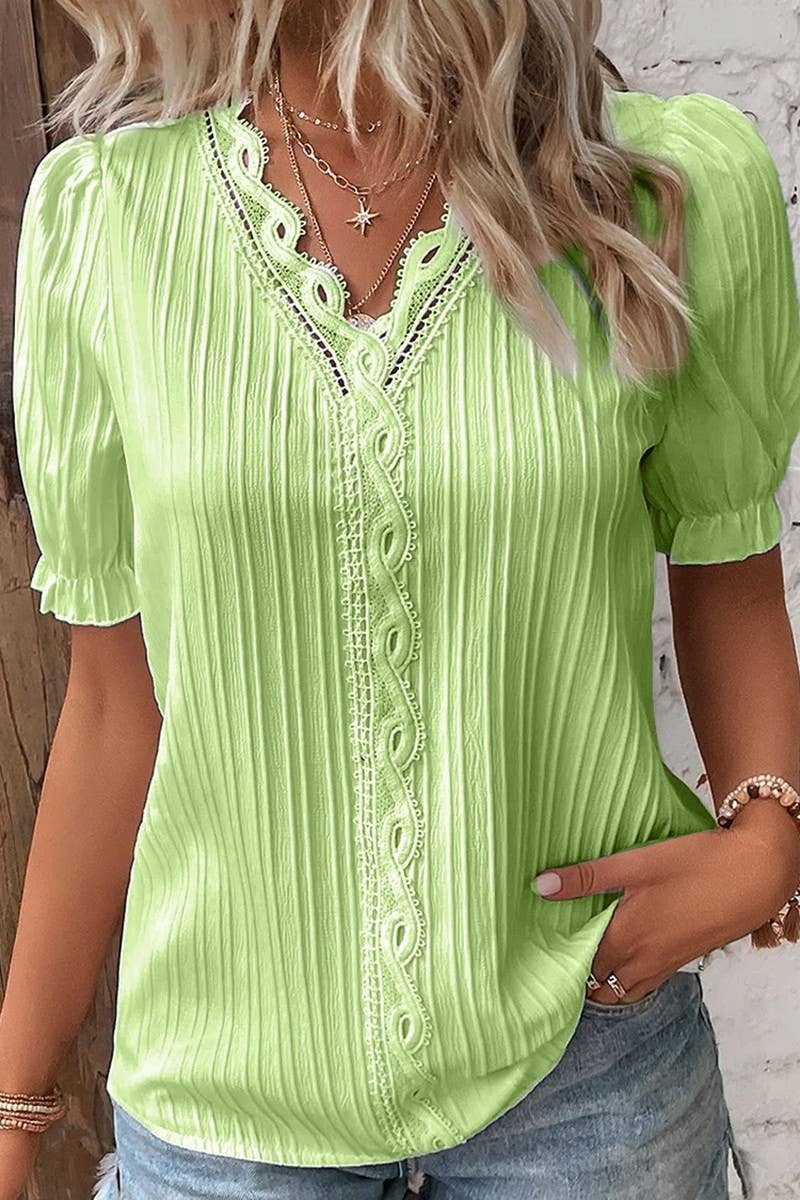 NINEXIS - Vente Chemisier – femme - CWTBLS1468_CHEMISE UNIE À MANCHES COURTES À COL EN V AJOURÉ3