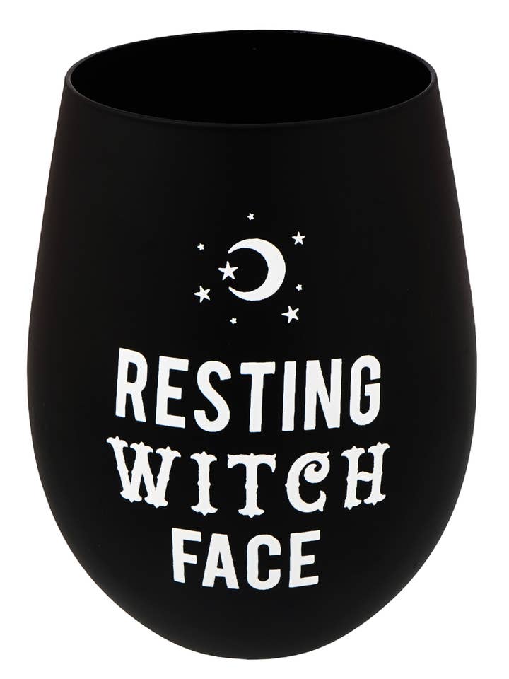 Resting Witch Face Stemless Wine Glass for wholesale by Fantasy Gifts