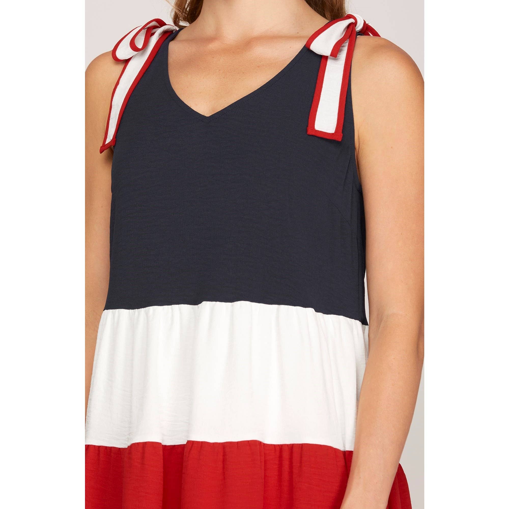 NAVY RED Color Block Sleeveless Shoulder Tie Tiered Dress for wholesale on Faire4