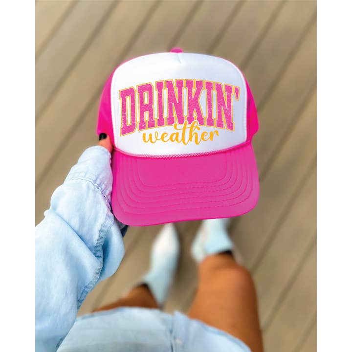 Southern Attitude Designs Inc - Wholesale Trucker Hat - Women's - Drinkin' Weather DTF Printed Hot Pink & White Trucker Hat