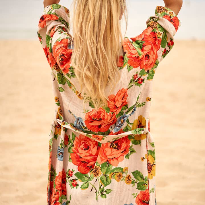 Linen Connections - Wholesale Robe - Women's - Cotton Kimono Bathrobe Frida Waffle Robes Cream Floral Print