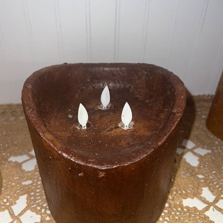Raggedy Junction - Wholesale Flameless Candle - 6x6" Tri 3 wick Moving Flame Flameless Timer Pillar Candle