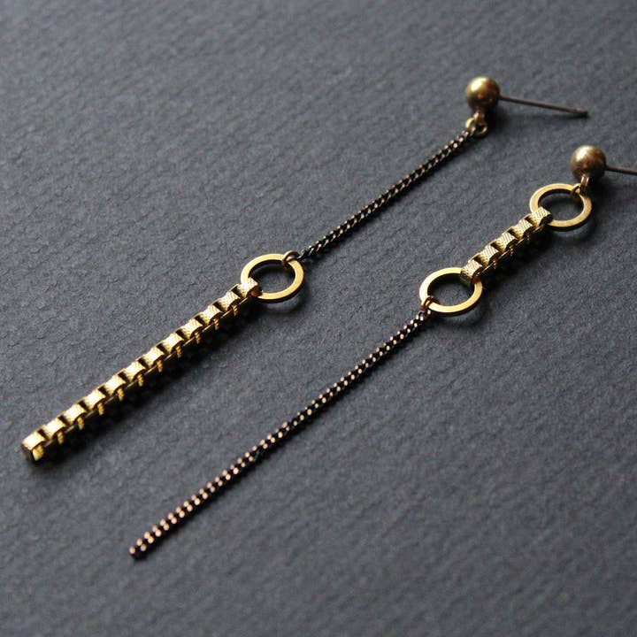 Long Dangle Earrings, Asymmetric Earrings, Gold and Black for wholesale by NEA
