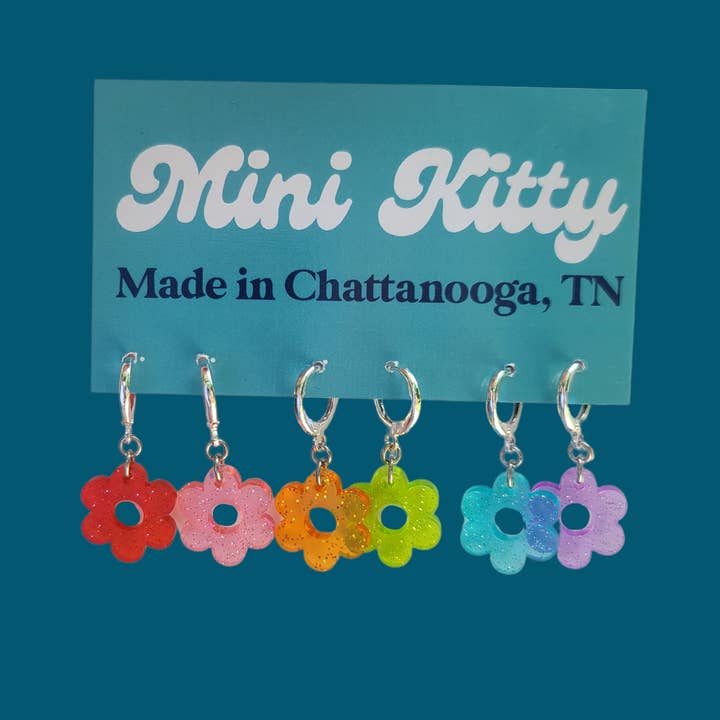 Glitter Jelly Daisies Rainbow Variety Pack of Small Hoops - Laser Cut Earrings for wholesale by Mini Kitty Designs