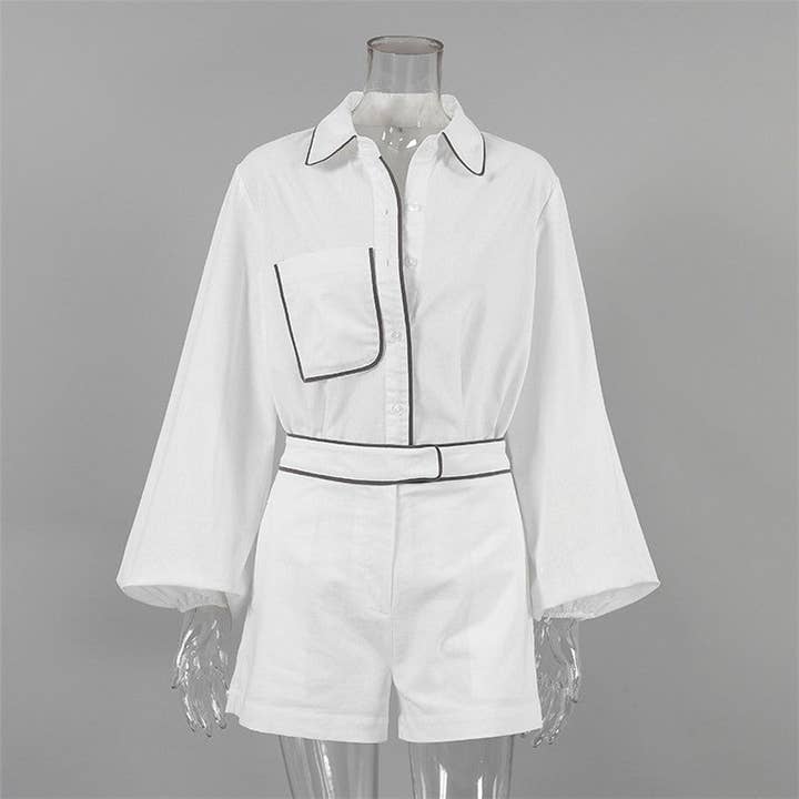 WHITE Loose Color Block Long Sleeve Shirt And Shorts Set for wholesale on Faire4