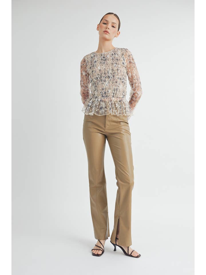 cream Sheer Smocked Embroidered Mesh Peplum Top for wholesale on Faire7