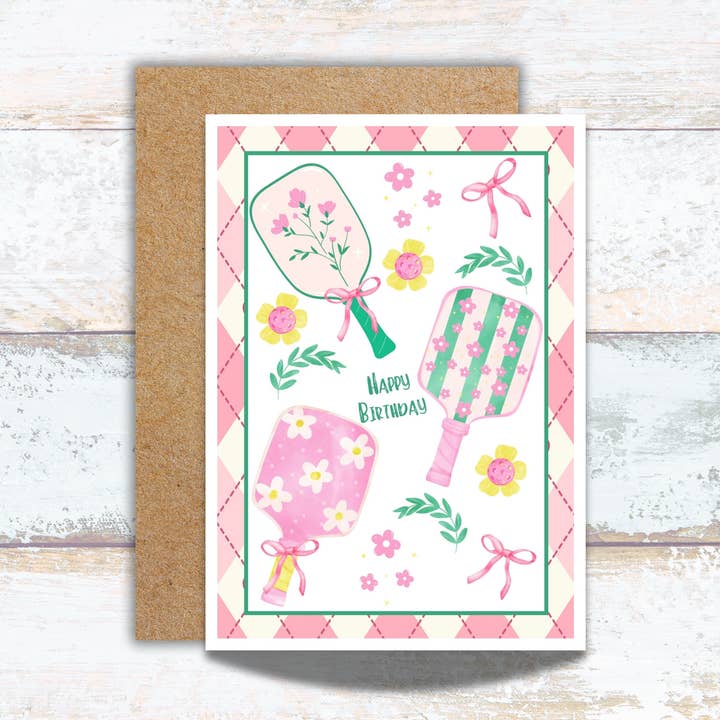 Pickleball Preppy Pink akvarel fødselsdagskort for engroshandel hos Designs by Michaela