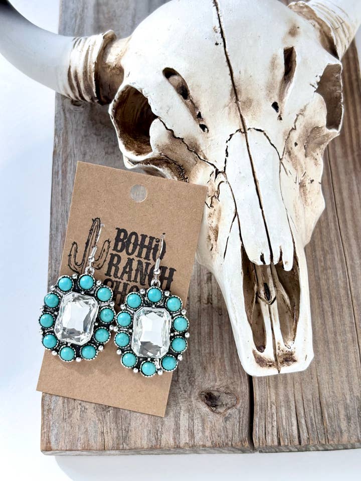Western Style Rhinestone Turquoise Stone Dangle Earrings for wholesale by Boho Ranch Shop