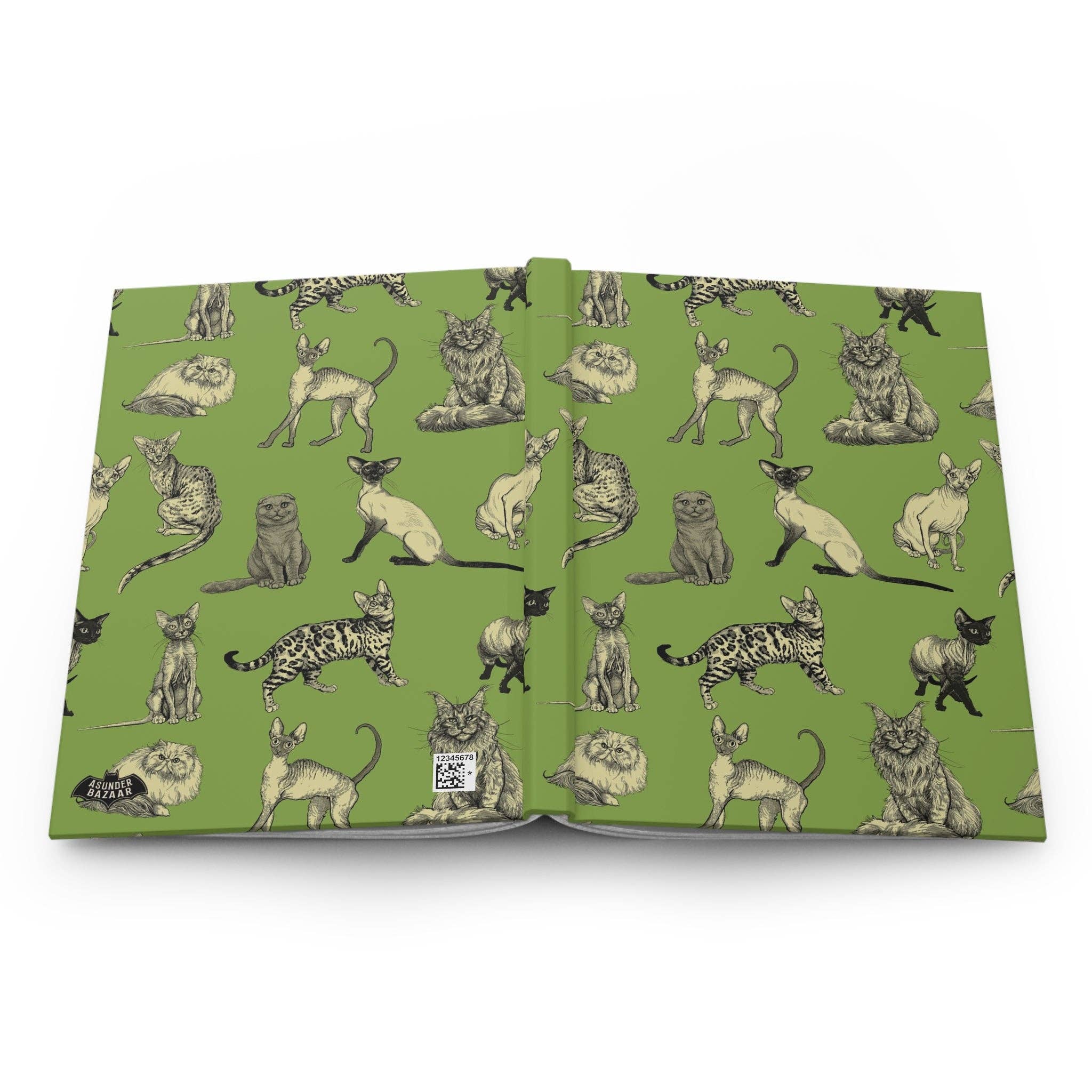 Asunder Bazaar - Wholesale Journal/Diary - Illustrated Cat Breeds Matte Hardcover Journal - Green3