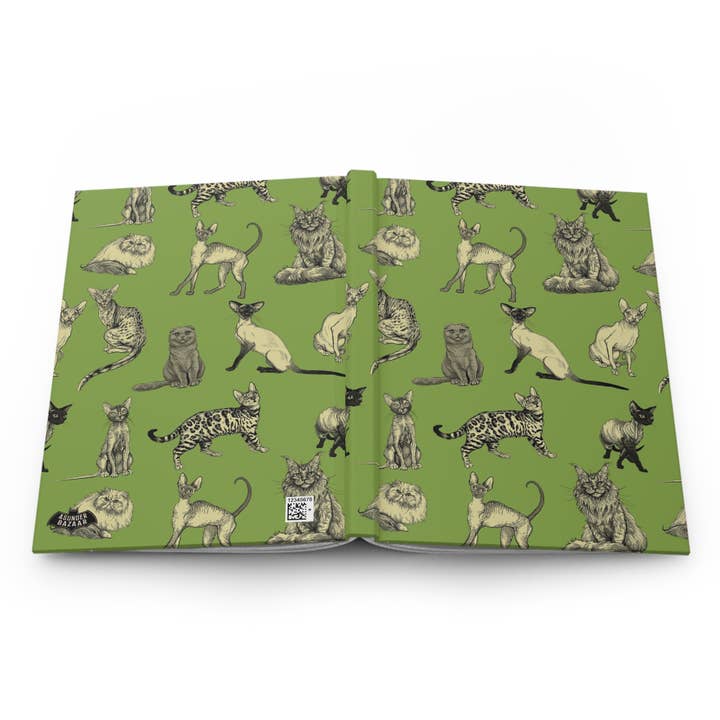 Asunder Bazaar - Wholesale Journal/Diary - Illustrated Cat Breeds Matte Hardcover Journal - Green3