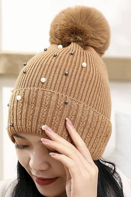 JOSSLYN by wall to wall - Wholesale Beanie - Women's - SEQUIN FAUX FUR POM POM BEANIE HAT | 40BN9101