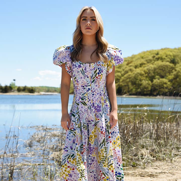 Purple Garden Scoop Neck Cotton Midi Dress for wholesale by Jessie Zhao New York